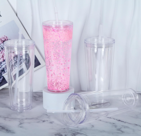 Acrylic tumbler with clear lid and straw